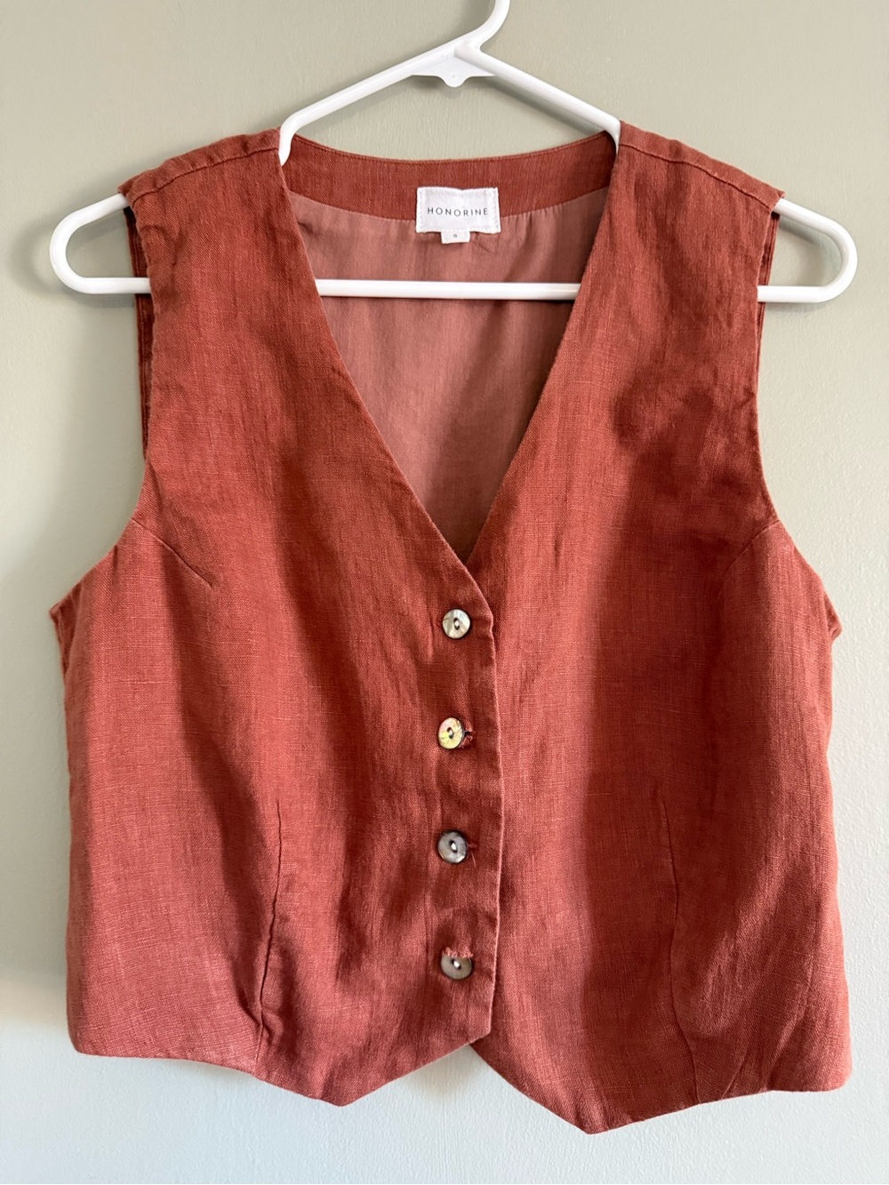 Honorine 100% Linen Rust Button Front Tie Back Vest Small Boho Academia